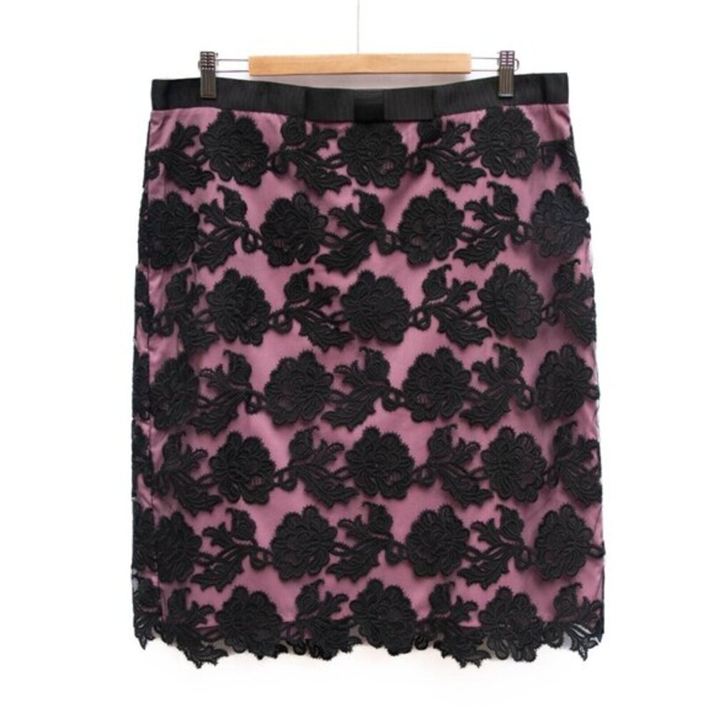 HOBBS Invitation Skirt 12 Midi Layered Black Lace over Mauve Pink Lining Bow‎